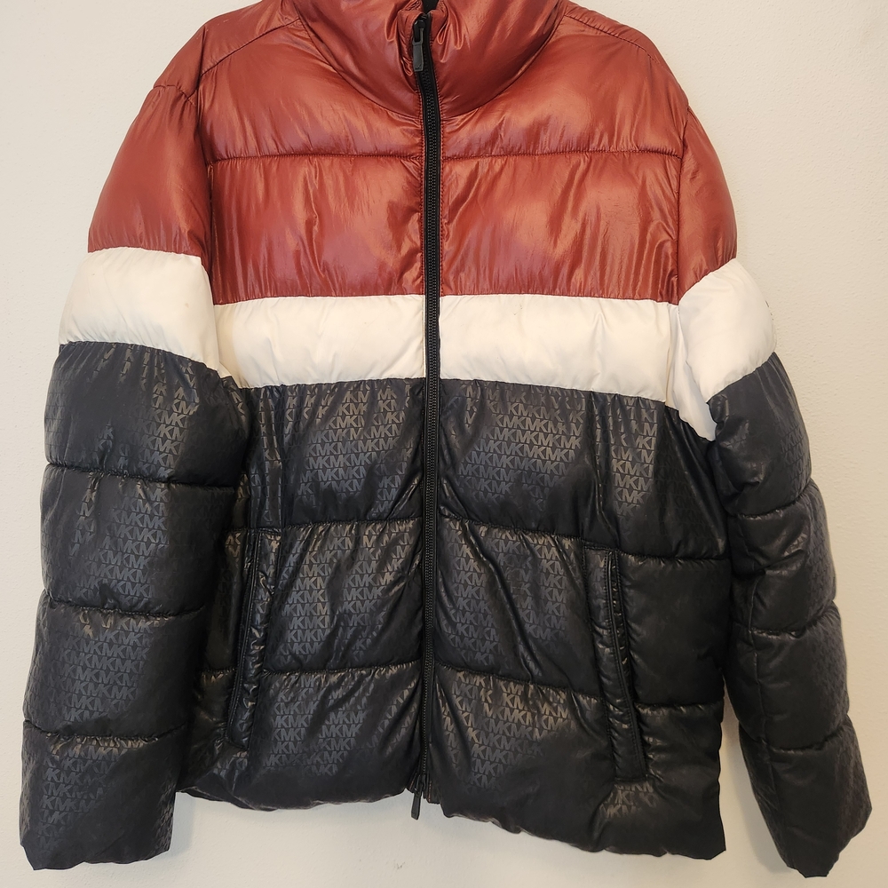 Michael Kors Rust, White and Black Logo-Print Colorblock Puffer Jacket